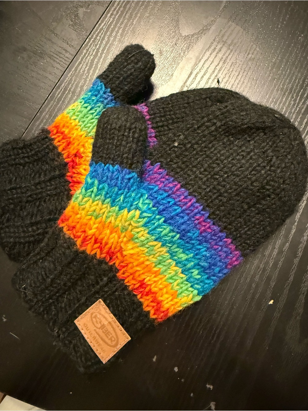 Black Knit Mittens with Rainbow Stripe - Unbranded
